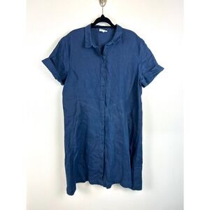 J Jill Love Linen Navy Blue Everyday Shirt Dress Petite Large Button Up Pockets